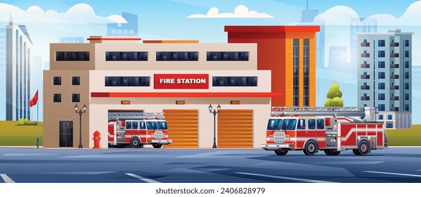 Fire station building with fire trucks on cityscape background. Fire department and city landscape vector cartoon illustration