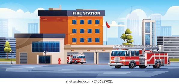 Fire station building with fire trucks on cityscape background. Fire department. City landscape vector cartoon illustration