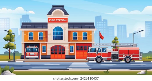 Edificio de la estación de bomberos con camiones de bomberos sobre fondo de paisaje urbano. Ilustración de dibujos animados