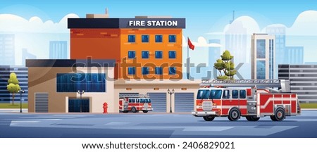 Fire station building with fire trucks on cityscape background. Fire department. City landscape vector cartoon illustration