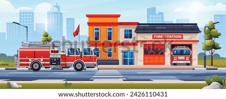 Fire station building with fire trucks on cityscape background. Fire department vector cartoon illustration