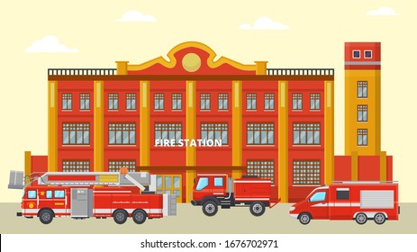 Fire station building and fire trucks vector illustration. Various red fire engines with equipment for transportation in front of modern emergency rescue city service house. Nobody.