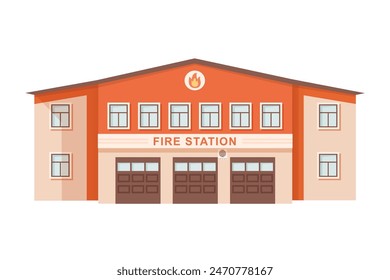 Fire station building vector illustration. Modern firehouse facade. Front view of entrance in fire department. Public urban infrastructure infographics.