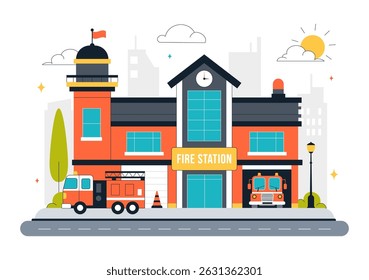 Ilustração do vetor do edifício da estação de fogo com um carro do departamento e do motor de fogo com bombeiros em um plano de fundo do desenho animado