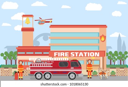 Fire station building in vector with urban background contains emergency vehicle and firefighters with dogs