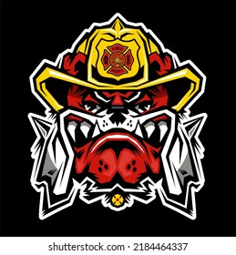 fire station bulldog mascot wearing fireman's helmet 