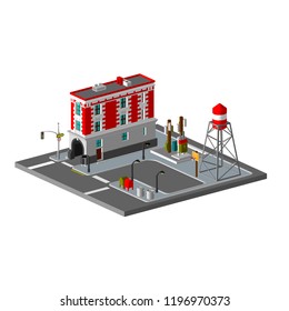 Fire station in the city Building, water tower, electrical substation, traffic lights, basketball court. Style America of the 70s. Isometric.