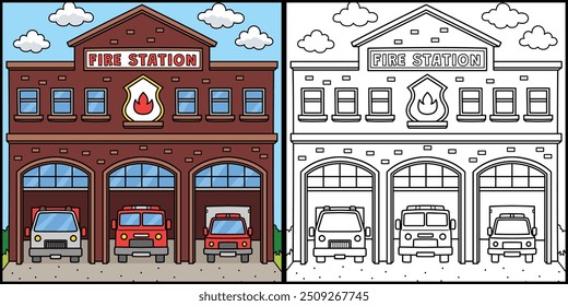 Fire Station Coloring Page Colored Illustration