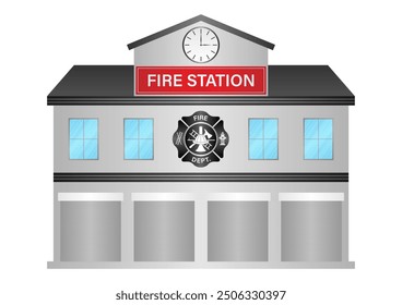 Fire Station.  Fire Department Building. Vector Illustration Isolated on White Background.  