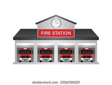 Fire Station.  Fire Department Building. Vector Illustration Isolated on White Background.  