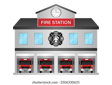 Fire Station.  Fire Department Building. Vector Illustration Isolated on White Background.  