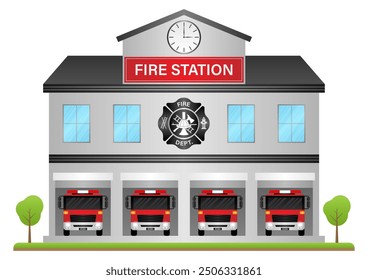 Fire Station. Fire Department Building. Vector Illustration Isolated on White Background.  