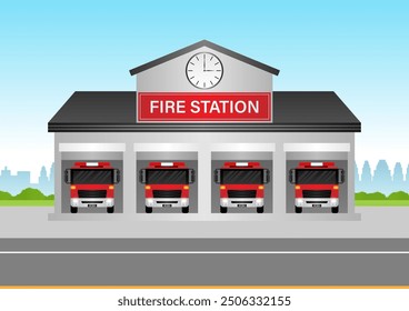 Fire Station. Fire Department Building. Vector Illustration.  