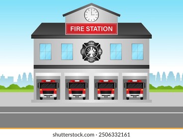 Fire Station. Fire Department Building. Vector Illustration.  