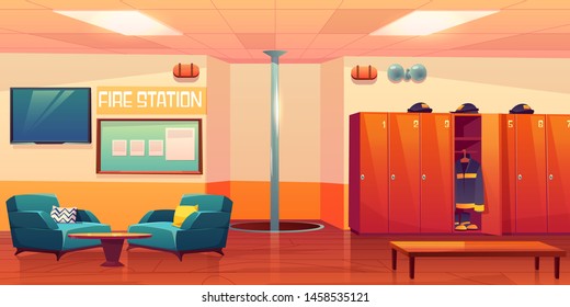 Fire station empty interior, firefighters workplace with steel pole, signaling, lockers with uniform, armchairs, TV and information stand hanging on wall, room inner design Cartoon vector illustration