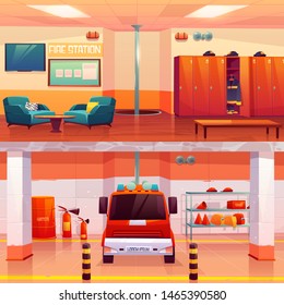 Fire station empty interior and garage with car, two levels cross section view, firefighters workplace with furniture and equipment, leisure and utility rooms inner design. Cartoon vector illustration