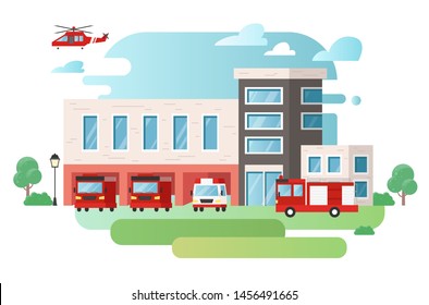 Fire station, fire engine, helicopter and ambulance vector illustration.