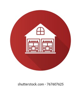 Fire station flat design long shadow glyph icon. Firehouse. Garage with two fire trucks. Vector silhouette illustration