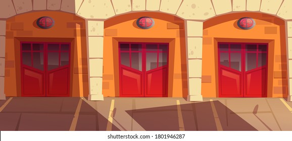 Fire station garage doors with signaling, gates box for truck. Municipal emergency department hangars front view, firehouse building with close red gateways and brick wall, Cartoon vector illustration