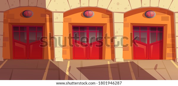 Fire station garage doors with signaling,\
gates box for truck. Municipal emergency department hangars front\
view, firehouse building with close red gateways and brick wall,\
Cartoon vector\
illustration