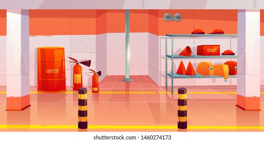 Fire station or garage empty interior, utility room with steel pole, signaling, water barrel, sand box, fire extinguishers, cone buckets, hoses on shelf, room inner design. Cartoon vector illustration