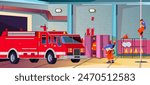 Fire station garage. Firehouse cartoon interior empty hangar for engine firefighter brigade city department building inside fireman red uniform in room, recent vector illustration