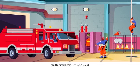 Estación de bomberos. Interior de dibujos animados de la casa de bomberos hangar vacío para el edificio del departamento de la ciudad de la brigada de bomberos del motor dentro del uniforme rojo del bombero en la habitación, Ilustración vectorial reciente