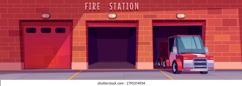 Fire station garage with red truck leaving box. Municipal city service, emergency department hangars front view, car in firehouse with close and open doors and brick wall, Cartoon vector illustration