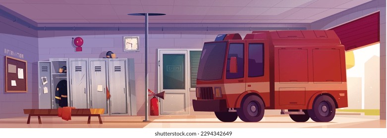 Fire station garage with truck cartoon background illustration. Firehouse department with steel pole, open gate and locker for uniform. Open entrance with falling sunlight inside rescue service room