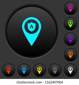 Fire station GPS map location dark push buttons with vivid color icons on dark grey background