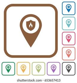Fire station GPS map location simple icons in color rounded square frames on white background