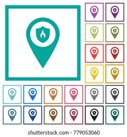 Fire station GPS map location flat color icons with quadrant frames on white background