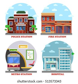 Fire station and hospital building, metro and police station. Architecture of building facades for firemen department, hospice or medical clinic, rail transit. Exterior view on building facade