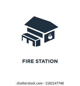 Fire Station icon. Black filled vector illustration. Fire Station symbol on white background. Can be used in web and mobile.