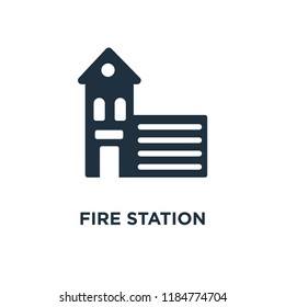 Fire station icon. Black filled vector illustration. Fire station symbol on white background. Can be used in web and mobile.