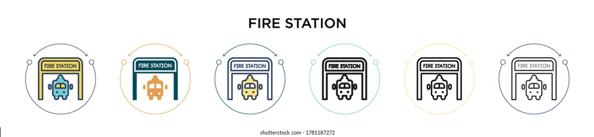 Fire station icon in filled, thin line, outline and stroke style. Vector illustration of two colored and black fire station vector icons designs can be used for mobile, ui, web