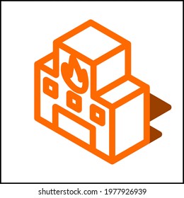 Fire station icon in isometric flat design with orange color and shape of a shadow.