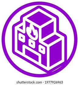 Fire station icon in isometric flat design with purple color and outline on a line circle background.