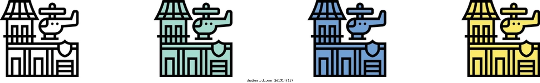 fire station icon. Outline, Green, Blue and Yellow Style Design Isolated On White Background