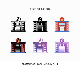 Fire Station icon set with line, outline, flat, filled, glyph, color, gradient. Can be used for digital product, presentation, print design and more.