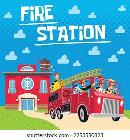 Fire station illustration with fire engine and firefighter design