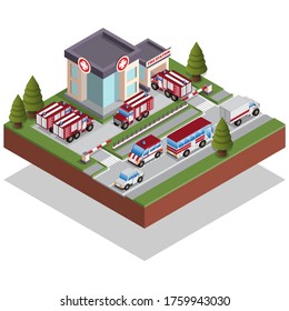 Fire Station. Isometric. Isolated On White Background. Vector Illustration.