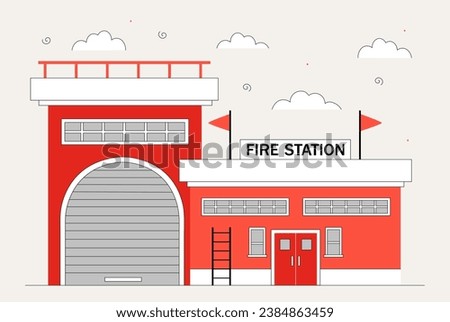 Fire station line concept. City infrastructure and architecture. Building with garage. Safety and protection from accident, disasters and crisises. Linear flat vector illustration
