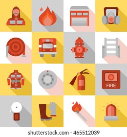 Fire station long shadow flat icons with equipment and protective clothing truck and building isolated vector illustration 