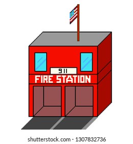 Fire station. Pixel 8 bit art style icons. Stickers design. Vector illustration isolated on white background.