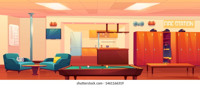 Fire station recreation room, empty interior with steel pole, billiard table, kitchen area, armchairs, tv, lockers with uniform, signaling, place for firefighters leisure, Cartoon vector Illustration