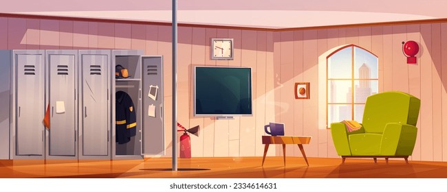 Fire station rest room cartoon vector illustration. Firefighter department building interior with tv, pole, table and locker with uniform. Green armchair near alarm ring bell and table with mug.