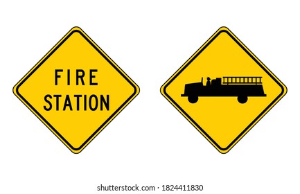 Fire station road sign. Vector illustration of yellow diamond shaped warning traffic sign with fire engine icon inside. Caution fire truck isolated on white background. Emergency symbol.