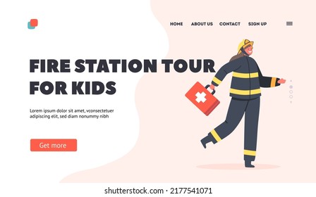 Plantilla de la página Visita a la Estación de Bomberos para Niños. Kit de primeros auxilios para Chicas Fusileras. Profesión infantil, juego, valiente personaje infantil en uniforme de bombero, trabajo peligroso. Ilustración del vector de dibujos animados