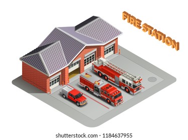 Fire station transport garage engines realistic isometric composition with building and trucks vehicles appliances outdoor vector illustration  